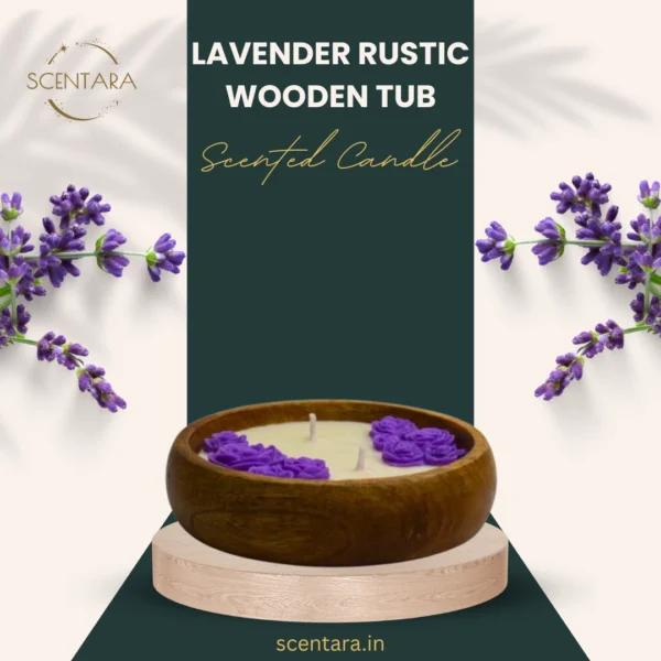 Rustic Wooden Tub Lavender Scented Candle Scentara