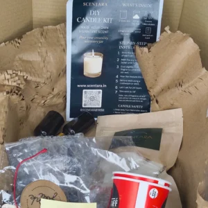 Scentara DIY KIT include 1 Soy Wax Scented Candle, 2 Fragrance Oil, 2 Fragrance Jar Candle, 4 to 5 wicks, Scentara Stickers, 4 Disposable glass and instruction leaflet.