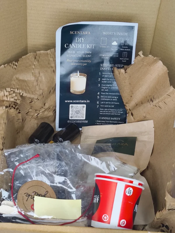 Scentara DIY KIT include 1 Soy Wax Scented Candle, 2 Fragrance Oil, 2 Fragrance Jar Candle, 4 to 5 wicks, Scentara Stickers, 4 Disposable glass and instruction leaflet.